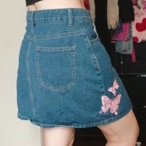 Denim pink butterfly embroidered  skirt